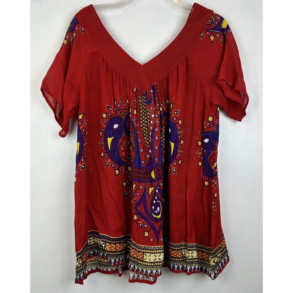 World Market Top Womens S/M Red Festival Boho Short Sleeve V Neck New Tags